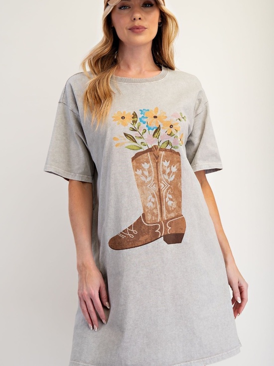 Easel Los Angeles Dresses & Skirts - New Easel Los Angeles Western Boots Floral Graphic Tee Dress Tunic Plus Size Ash